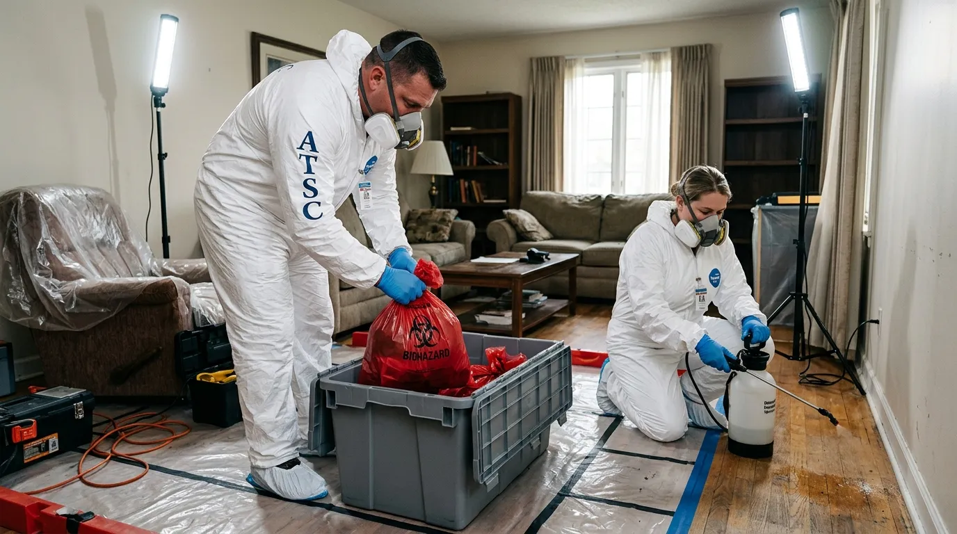 Professional Biohazard Cleanup technician in full PPE working in University City